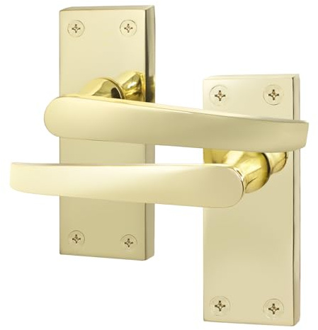 EAI Polished Brass Door Handles, 1 Pair on Backplate | 1 Pair of Lever on Backplate Internal Door Handles, Fixings Included