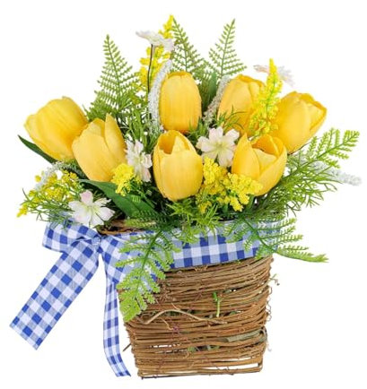 rockible Tulip Door Hanger Basket,Artificial Flower Plant,Simulated, Wall Hanging Flowers,with Basket Wreath for Home Outside Decor