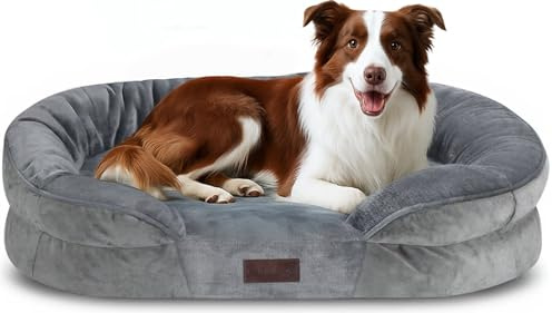 Enjamoy Large Dog Bed, Washable Orthopedic Dog Beds Sofa with Removable Flannel Cover, Waterproof Pet Bed Couch with Side Bolster and Egg Foam Support Grey 91x68x17cm