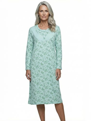 Tidlöst nattlinne dam långärmad Helene med krysantemum M-6XL sovskjorta liten knappslå med prägling på bröstet, Mint, XXL