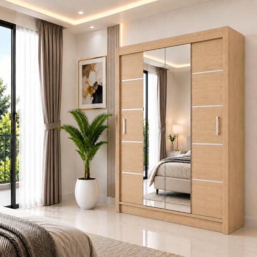 IE INTERIOR EMPORIUM Oslo Mirror Sliding Door Wardrobe – 150cm, 180cm, 203cm, 250cm – Includes 1 LED (Oak, 150cm)