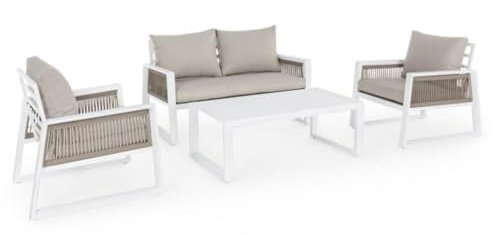 KONTE.DESIGN CAPTIVA Loungeset mit 1 Sofa, 2 Sesseln und 1 Tisch aus Aluminium, weiß, Textilene, taupe