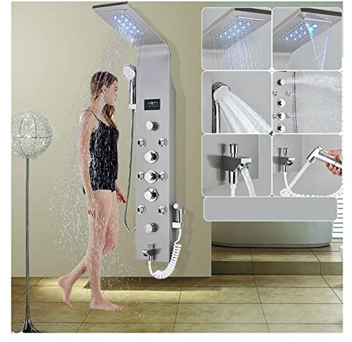 Set rubinetto doccia, Pannello doccia LED nero Sei funzioni Pannello doccia a cascata Rubinetto bagno Bagno SPA Massaggio Jet Vasca Miscelatore Massaggio Spruzzatore(8009 Brushed Niclel)