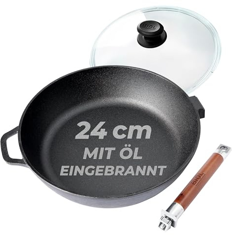 BIOL Gusseisenpfanne 24 cm mit Glasdeckel – tiefe Bratpfanne