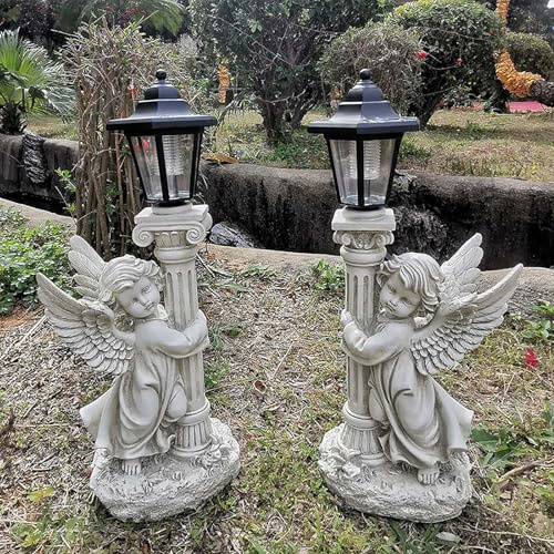 Statue d'ange avec lampes solaires, 48,3 cm, statue de jardin en polyrésine avec pilier Roma pour décoration de jardin, porche, cour, décoration d'art gauche + droite