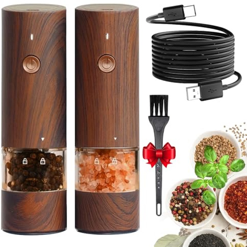 Electric Pepper and Salt Grinder Set 2 Pieces, Rechargeable Salt and Pepper Grinder Set, 6-Speed Adjustable Thickness, with LED Light, Ultra-Low Noise, One-Hand Operation for Kitchen.