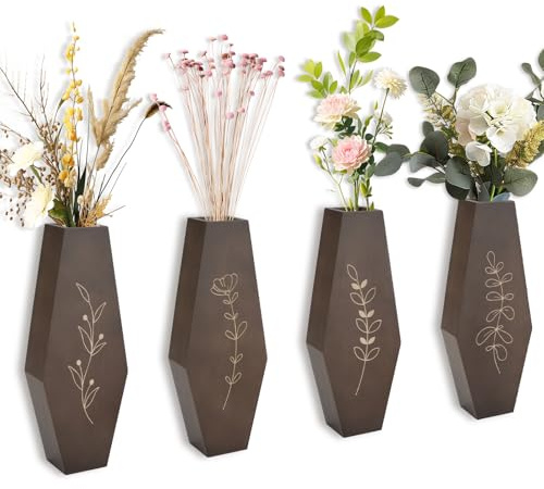 CXRYLZ Wood Wall Planter, Modern Hanging Planters for Indoor Plants, Farmhouse Pocket Vases, Wooden Wall Decor for Living Room Bedroom, Stylish Wall Vase for Dried Flowers and Faux Greenery (4 Pack)