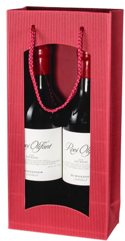 5x Wein Geschenktüte - für 2 Flaschen, Bordeaux-Rot mit Fenster, hochwertiger Wellkarton, stabile Tragekordel (Rot)