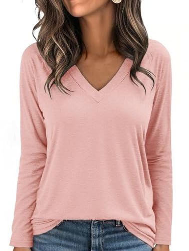 Aottori Tee Shirt Femme Manches Longues Col V Coupe Ample Couleur Unie | Col V clairement structuré; coupe ample et longueur standard; s'associe avec un jean, un pantalon ou sous une veste
