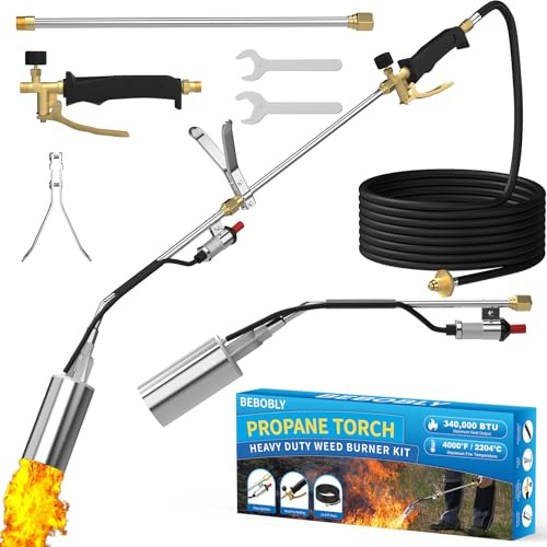 Propane Torch Weed Burner Kit, Weed Torch High Output 340,000 BTU with 11.5FT Hose, Heavy Duty Blow Torch with Flame Control and Button Igniter, Flamethrower for Weeding, Roofing, Snow Melting, BBQ