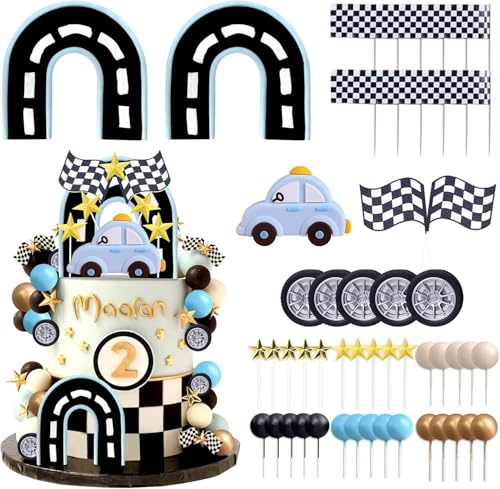 Tortendeko Auto 64 Stück Kuchendeko Rennauto Torten Deko Kugeln Karierte Flagge Räder Landebahn Sterne Cake Topper Kuchendekoration für Geburtstag, Babyshower, Theme Party