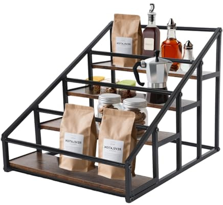 YCBTREE 4-Tier Liquor Bottle Display Shelf, Coffee Syrup Rack Organizer with Metal Frame & Wooden Shelves, Countertop Wine & Spirits Stand for Home Bar, Kitchen Sauce and Condiment Storage