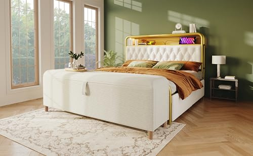 Physport Bettbank mit Stauraum, 165 x 38 cm Bettbank, Polsterbank mit Hydraulischem Stauraum, Aufbewahrungsbox, Geeignet für Schlafzimmer, Wohnzimmer und Flur, Beiger Cord-Optik.