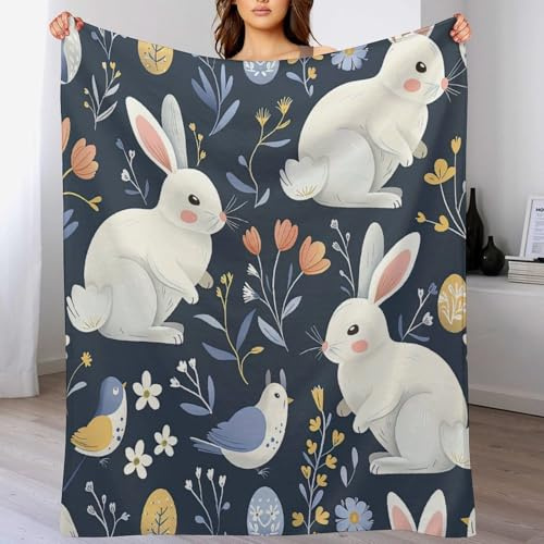 ArogGeld 40x50in Rabbit Easter Eggs Wildflowers Flannel Throw Blanket Watercolor Bunny Colorful Floral Flannel Fleece Blankets Cosy Soft Warm Sofa Throw Christmas Housewarming Gift to Family