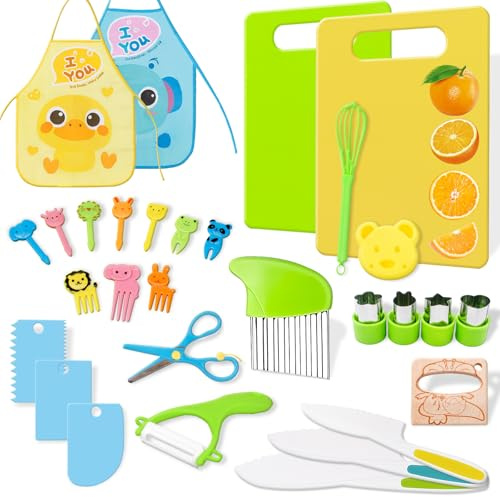 30 pièces kit Couteaux de Cuisine pour Enfants, sécurité ustensile Montessori, avec Couteau en Bois, Moule à Sandwich, Jouet Cuisine pour Enfants à partir de 2 3 4 5 6 7 8 Ans