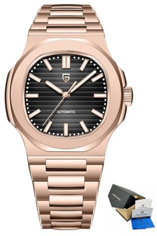 Pagani Design Automatikuhr für Herren, Roségold, 40 mm, Edelstahl, minimalistisch, analog, Geschenk, Armbanduhr mit synthetischem Saphir-Zifferblatt, 100 m wasserdicht