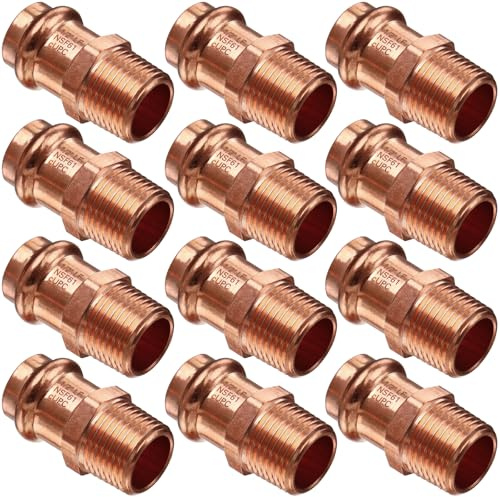 Copper Press Male Adapter,12PCS 1/2 Press x 1/2 NPT Male Copper Press Fittings Adapter,1/2 Male NPT x Press LF Coppers Press Adapter Pressure Coppers Fitting Male x Press Connection for Plumbing