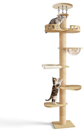 Kratzbaum deckenhoch 295-315 cm, Deckenspanner Katzenbaum höhenverstellbar bis 3m, mehrstöckiger Katzenkratzbaum 6 Ebenen mit Raumkapsel, Katzennest und Aussichtsturm (Braun)