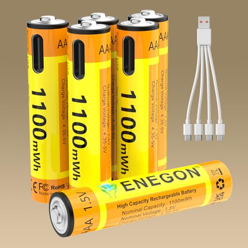 ENEGON Confezione da 6 batterie al litio ricaricabili AAA, 1.5V 1100mWh, con cavo di ricarica USB-C 4-in-1, ricarica rapida in 1 ora, durata oltre 500 cicli.