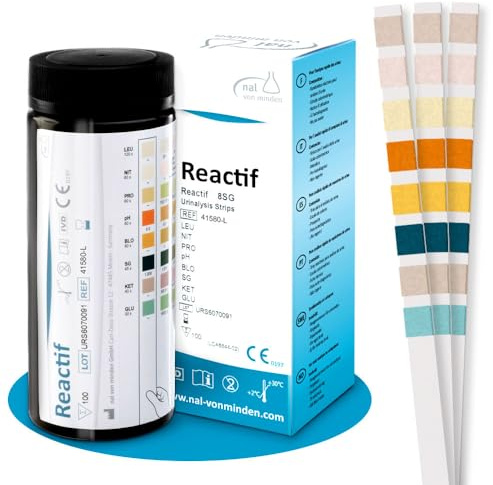 Reactif Urin Teststreifen 8 Parameter - Gesundheitstest bei Blasenentzündung, Harnwegsinfekt, Ketose Teststreifen, pH-Wert, Glucose, Nitrit, Leukozyten, Protein - 100 Stück mit Farbskala für zu Hause