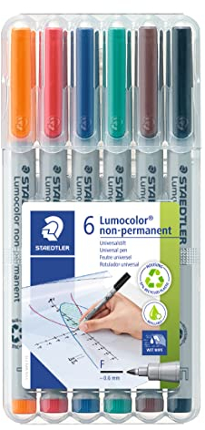 STAEDTLER Folienstift Lumocolor, non-permanent, wasserlöslich, F-Spitze mit Linienbreite ca. 0.6 mm, hohe Qualität, recyceltes Plastik, Set mit 6 Farben in STAEDTLER-Box, 316 WP6
