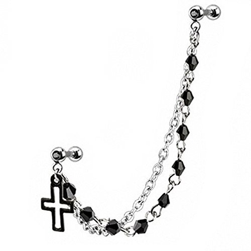 Piercingfaktor Piercing Ohr aus Chirurgenstahl mit Kristall Helix Tragus Ohrpiercing Cartilage Stab Barbell Kreuz Anhänger Kette Lang Silber Schwarz