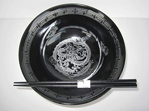 Japanische schwarze Glasur Silber Drachen 21,2 cm Ramen, Suppe, Ramen, Ramen, Nudeln oder Servierschüssel mit Stäbchen