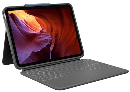 Logitech Rugged Folio – tangentbordsfodral för iPad | (10:e gen, A16), Smart Connector, hållbart spillsäkert tangentbord, Pan Nordic QWERTY - Grå