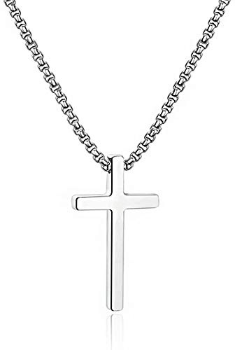 M MOOHAM Cross Necklace for Men - Silver Stainless Steel Mens Cross Chain Cross Pendant Cross Necklace 20 Inch, Christian Gifts for Men Catholic