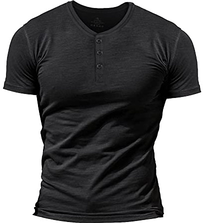 Uomo Slub Henley Maglietta Manica Corta Leggero vestibilità Morbida Casuale con 3 Pulsanti abbottonatura Girocollo Camicie Nero L