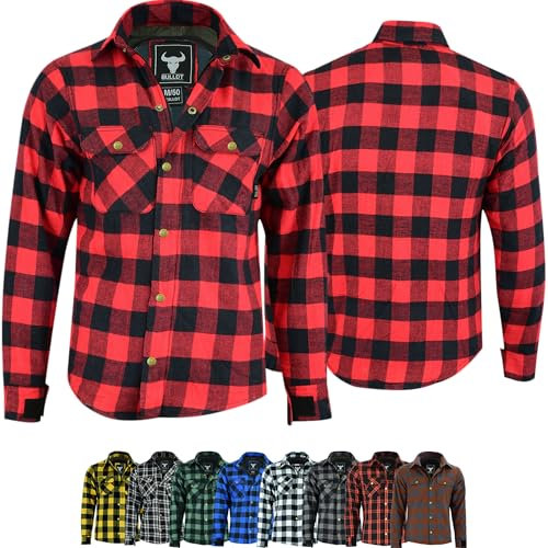BULLDT Motorradhemd Herren mit abnehmbare CE-Protektoren - Klassisch 100% Baumwolle Holzfäller Flanellhemd - Biker Motorradjacke Hergestellt mit Aramid-Kevlar-Futter - Mit Schutz (EN 1621-1) Rot - 62