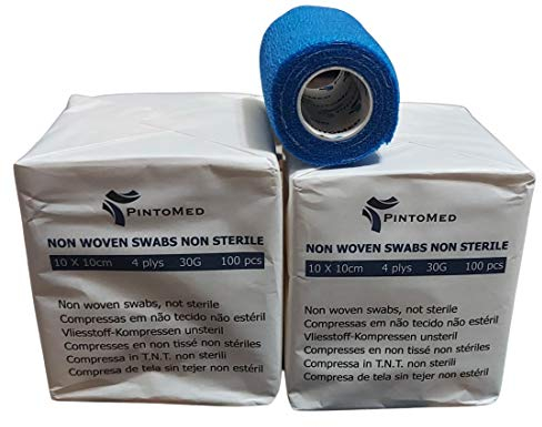 PintoMed - Pack 2 x Compressa in TNT - Tamponi di garza di cotone - Non Sterile, 4 ply, 10cm x 10cm, Pack 100 x 2 = 200 unità. Offrire 1 rotolo di benda coesiva 7,5cm x 4,5m