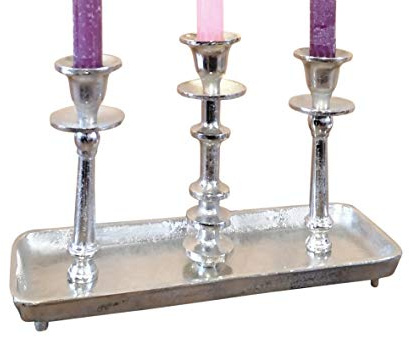 Kerzenständer Kerzenhalter 3-Armig Aluminium Silber Raw - Kerzenleuchter Groß auf Tablett - Tischdeko Modern 31x10x20 cm