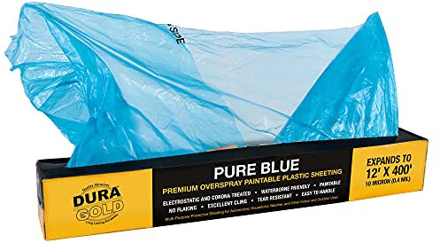 Dura-Gold 12' x 400' Pure Blue Protective Masking Film Cover - Overspray Paintable Sheeting Roll, Painters Plastic (10 Micron, .4 Mil) - Plastic Painting Protection for Auto & Household Paint Covering