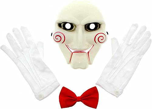 Mega_JumbleSale Adult Unisex Billy the Puppet Halloween Costume Accessories Set - Jigsaw Masks + White Gloves + Red Bow Tie Massacre Cosplay Costume Creepy Scary Kit