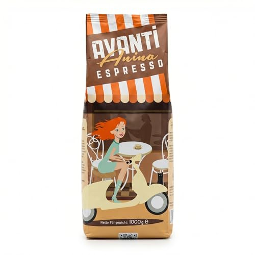 AVANTI Espresso Bohnen Anina – Espressobohnen 1 kg, säurearm, dunkle Trommelröstung, 80% Arabica 20% Robusta, für Siebträgermaschine & Kaffeevollautomat, geröstet in der Schweiz