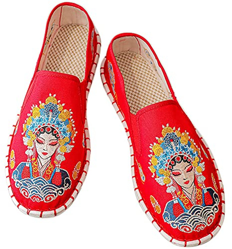 Tinymori Embroidered Shoes Kung Fu Tai Chi Shoes Old Beijing Shoe Unisex Rubber Sole Martial Art Sports Shoe Chinese Traditional Slippers Men and Women (Ladies Pattern-Red,6.5)