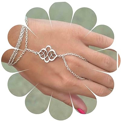 Yheakne Boho Pulsera De Plata Esclavo De La Mano Con Anillo - Cadena Retro De Dedo Para Todos Los Días - Joyería Para Mujeres Y Niñas
