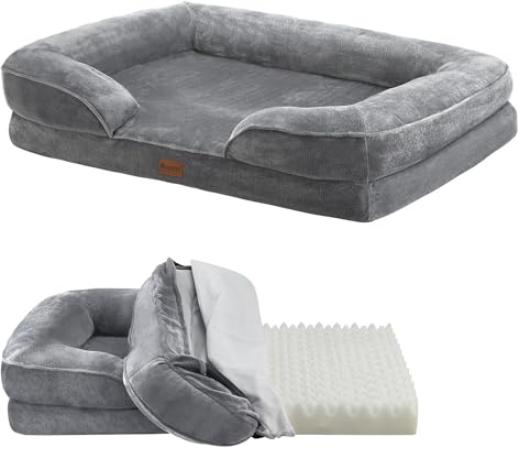 Juskys Hundebett Sheena L orthopädisch, waschbar & rutschfest - 98 x 70 x 17 cm - Hundesofa flauschig mittelgroße Hunde Grau - Haustierbett Hundesofa