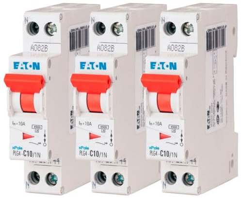 EATON 264744 PLG4-C10/1N - DISJONCTEUR MODULAIRE PH/N - Blanc - MANETTE ROUGE - 1P+N / 10 A - COURBE C - Raccordement à vis - 3 disjoncteurs