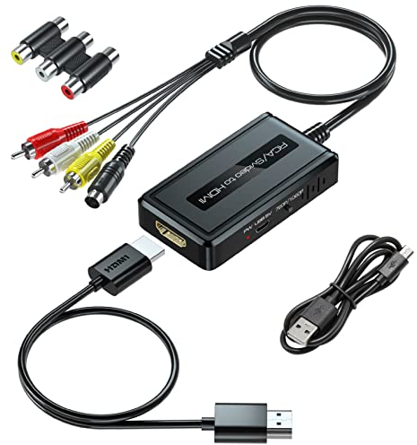 PARUIEN 2 in 1 Convertitore da S-video/RCA a HDMI con Interruttore di Uscita 720P/1080P, Convertitore da Svideo a HDMI, AV Composito a HDMI Compatibile con VHS/DVD/STB/N64/PS2/Wii