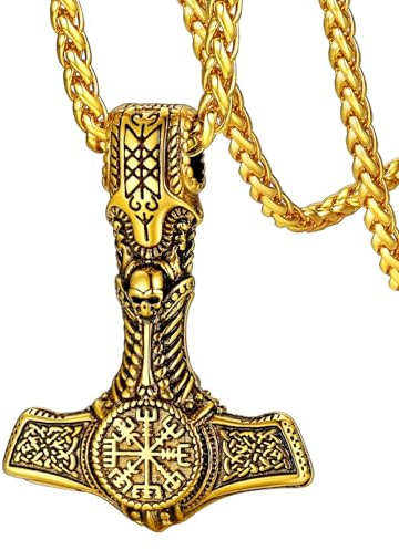 FaithHeart goldener Mjölnir Anhänger für Herren Männer Thors Hammer Halskette mit Kompass Anhänger für Vatertag Weihnachten