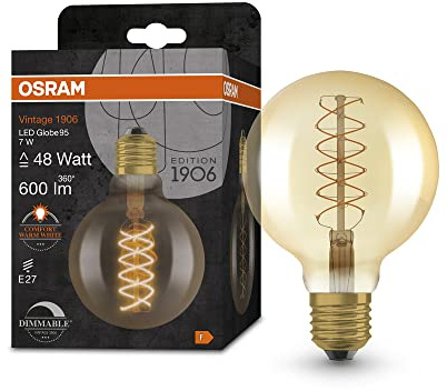 Osram Vintage 1906 LED-Lampe mit Gold-Tönung, 7W, 600lm, Kugel-Form mit 95mm Durchmesser & E27-Sockel, warmweiße Lichtfarbe, spiralförmiges Filament, dimmbar, bis zu 15.000 Stunden Lebensdauer