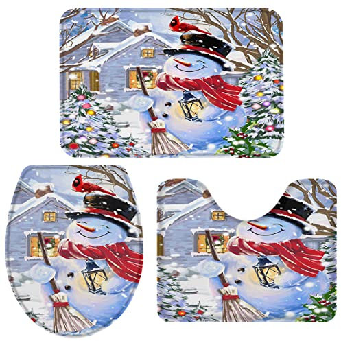 3 Stück Badgarnitur Frohe Weihnachten-Bauernhof-Schneemann, Der Szenen-Bauernhaus Schneit Badezimmer Teppich Atmungsaktivem U-Förmiger Wc-Vorleger Saugfähig Toilettenbezug Für Wc, Bad, Dusche