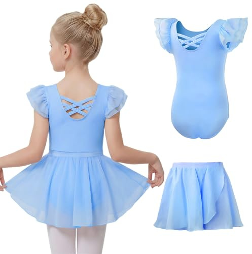 Gogokids 2 Pcs Ballet Leotards Dresses for Girls Crisscross Back Toddler Ballerina Outfit with Removable Skirt Combo 6-7 Years
