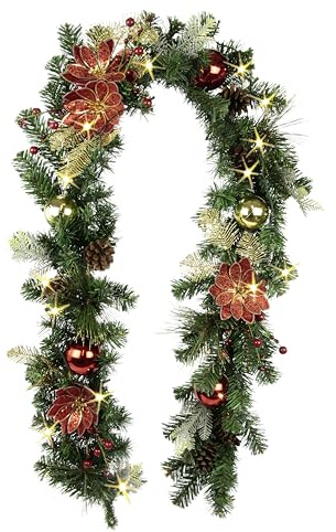 Tannengirlande mit LED-Lichterkette Magnolien Zapfen Tannenbaum-Kugeln Beeren Tanne Künstliche Deko Girlande Kette Tannen-Girlande Weihnachtsgirlande Weihnachtsdeko Deko X'Mas