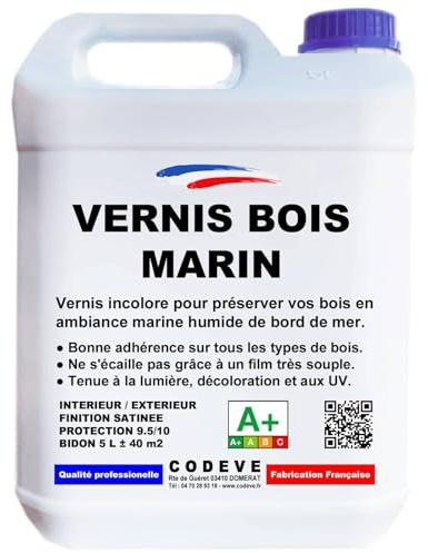 Vernis Marin - Codeve Bois - 5L - Intérieur/extérieur - Pour La Protection De Votre Bois En Atmosphère Marine De Bord De Mer.