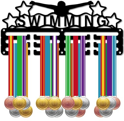 CREATCABIN Schwimmen Medaillenhalter Display Schwimmer Medaille Kleiderbügel Rack Sport Metall Hängende Auszeichnungen Eisen Kleine Halterung Für Männer Frauen Wand Abzeichen Schwarz 29x13cm-Stern