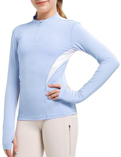 FitsT4 Sports Girls Long Sleeves Shirts Thumbhole English Horse Riding Shirt UPF50 Quick Dry Kids Equestrain Half Zip Jacket Blue Medium