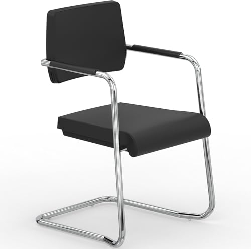 VERSEE Premium Echt-Leder Besucherstuhl V1207 in Schwarz mit Armlehne - Freischwinger mit Chrom für Büro und Konferenzräume - Belastbar bis 150kg